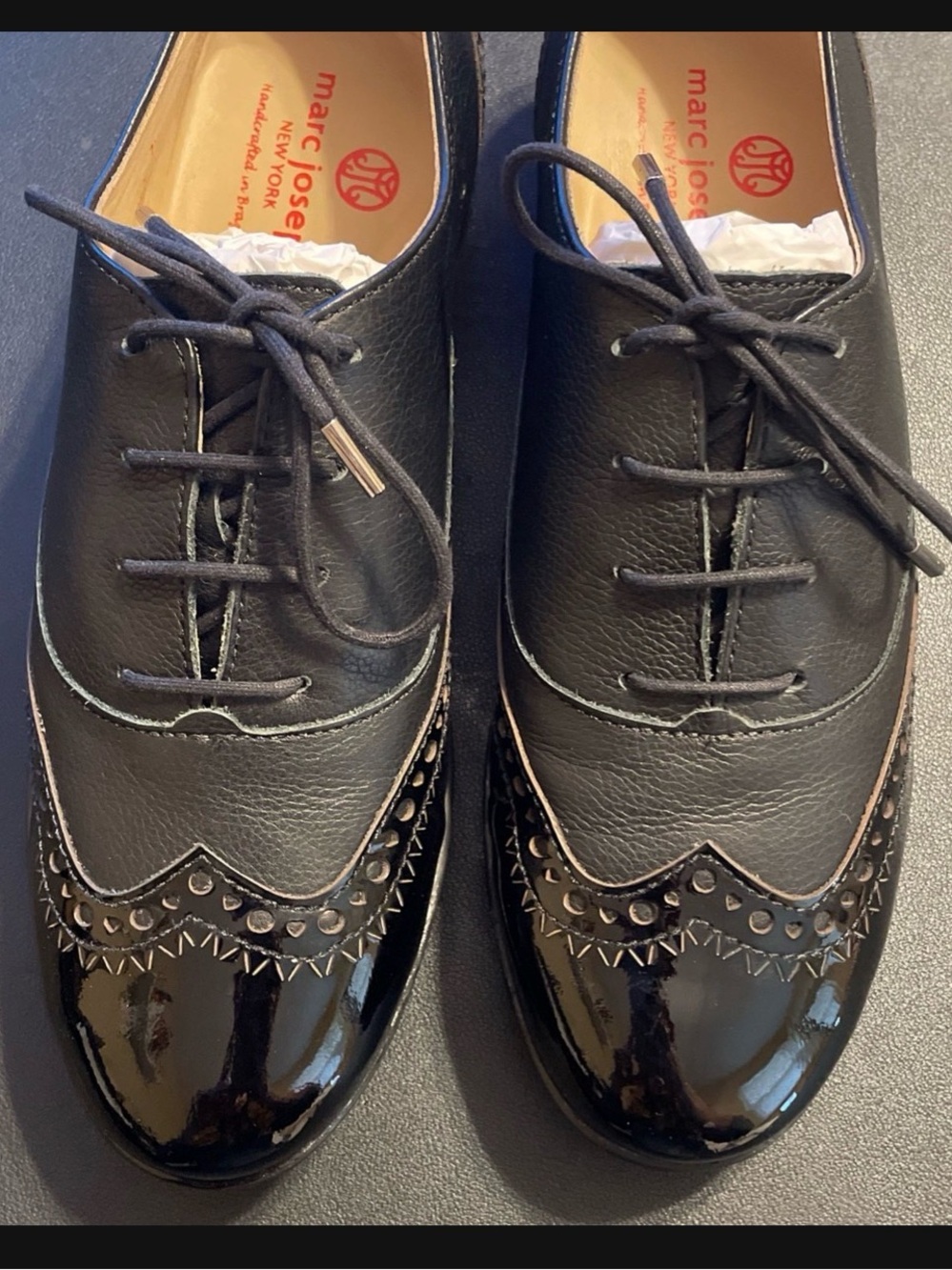 Marc Joseph Black Leather & Patent Wingtip Golf Shoes